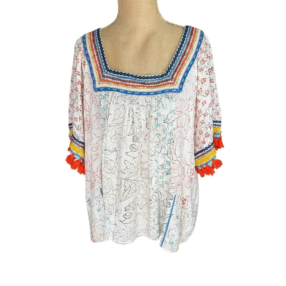 Embroidered‎ Tassel Square Neck Boho Blouse Bohemian Festival Artistic Medium - Picture 2 of 10